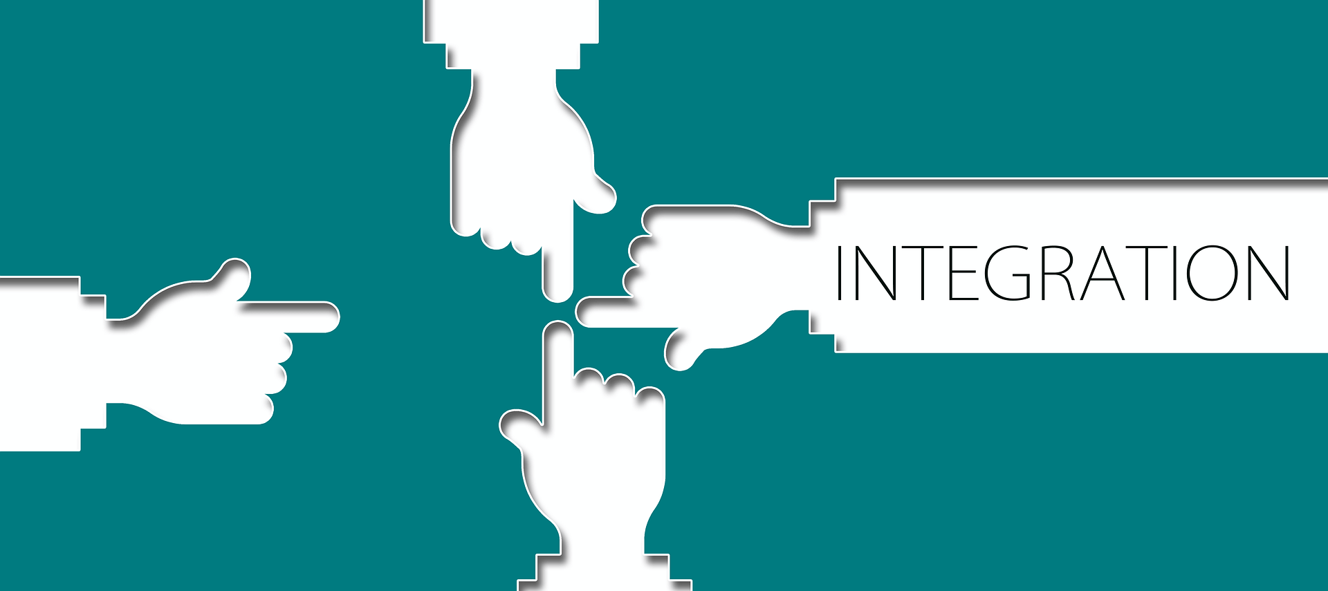 Four hands pointing towards the word Integration symbolizing collaboration and teamwork.