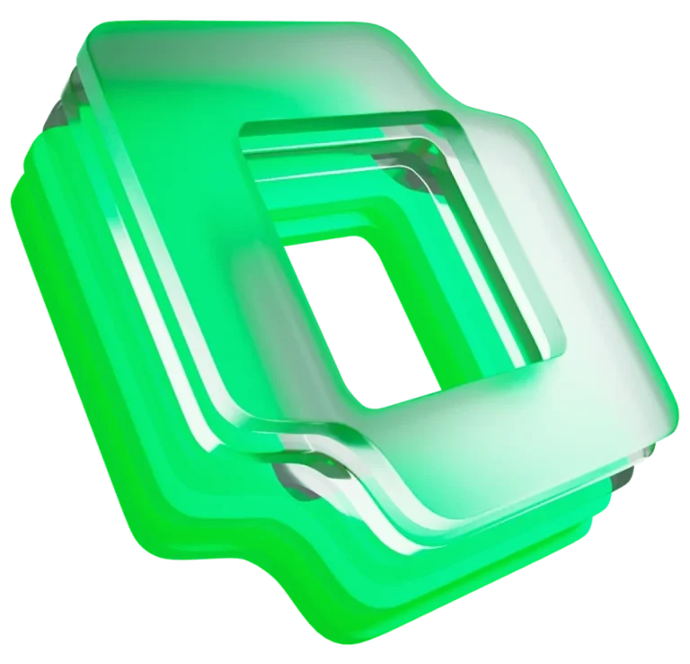 Abstract green and transparent geometric shape with layered square design.