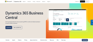 Microsoft Dynamics 365 Business Central homepage highlighting cloud ERP and business management solutions 
