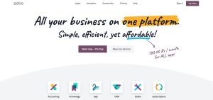 Odoo homepage displaying its modular ERP applications for business management 