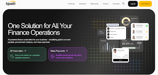 Tipalti homepage showcasing global accounts payable automation and payment management.