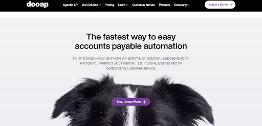 Dooap homepage featuring AP automation for Microsoft Dynamics 365 Finance and AX.