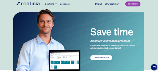 Continia Document Capture homepage highlighting AP automation for finance teams