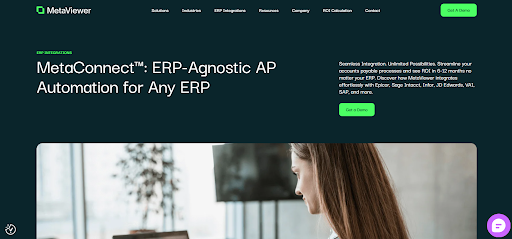 MetaConnect product page showing AP Automation features, ERP integration options, product overview, navigation menu, and call-to-action sections